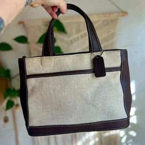 Vintage Coach Bleecker 6121 Satchel Tote Bag - Linen Canvas & Brown Leather
